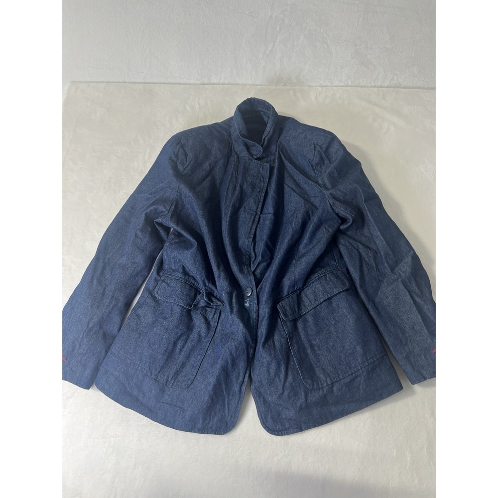 Anne Carson Women XL Denim Jacket Blazer Blue Red Embroidery Cotton Casual Hip